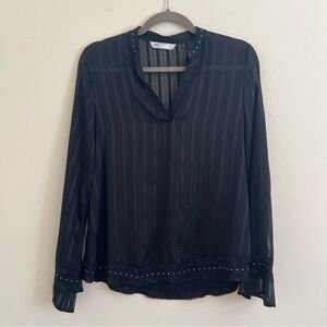 Zara Black Sheer Vertical-Striped Blouse with Stud Trim
